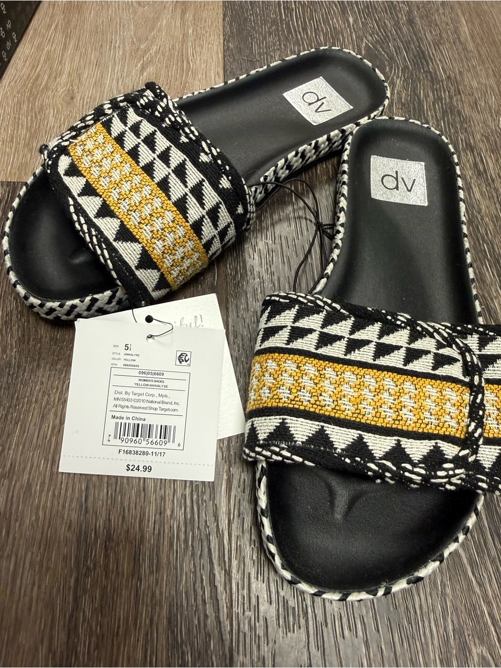 DV by Dolce Vita Black, White & Gold Woven Slide Sandals